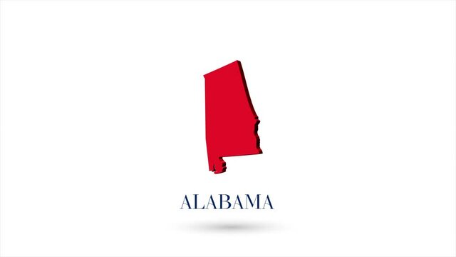 3d animated flat map showing the state of Alabama from the United State of America on white background. USA. Rotating map of Alabama with shadow. USA. 4k
