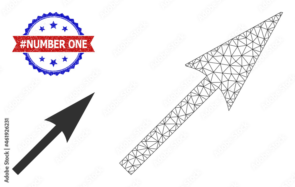 Poster polygonal sharp arrow carcass illustration, and bicolor rubber #number one seal. polygonal wireframe