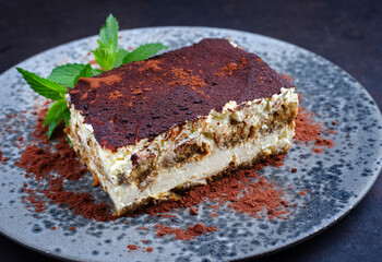 Modern Style traditionelles italienisches Tiramisu serviert als close-up auf einem Nordic Design Teller 