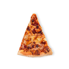 Slice of Hawaii pizza isolated on white. Top view on Hawaii pizza. Concept for italian food, street food, fast food, quick bite.