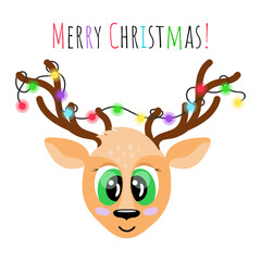 Christmas greeting card. Cute cartoon Deer with glowing colorful garland on horns isolated. Vector illustration