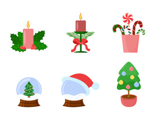 Christmas decor set. Candles, snowballs, Christmas tree in pot, candies isolated. Vector design collection