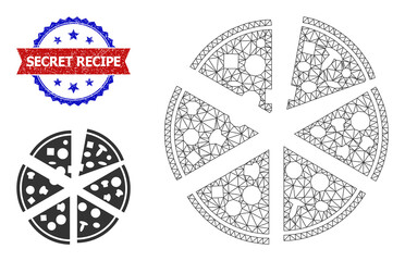 Net pizza pieces carcass illustration, and bicolor scratched Secret Recipe watermark. Polygonal carcass illustration is based on pizza pieces icon.