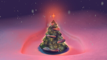 Decorated christmas tree, neon background, illustration
