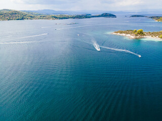 Breathtaking drone photo of the bay of Vourvourou, in Northern Greecem Halkidiki 