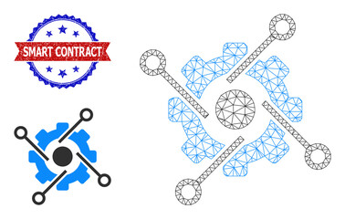 Polygonal smart development wireframe illustration, and bicolor textured Smart Contract seal. Polygonal carcass illustration designed with smart development pictogram.