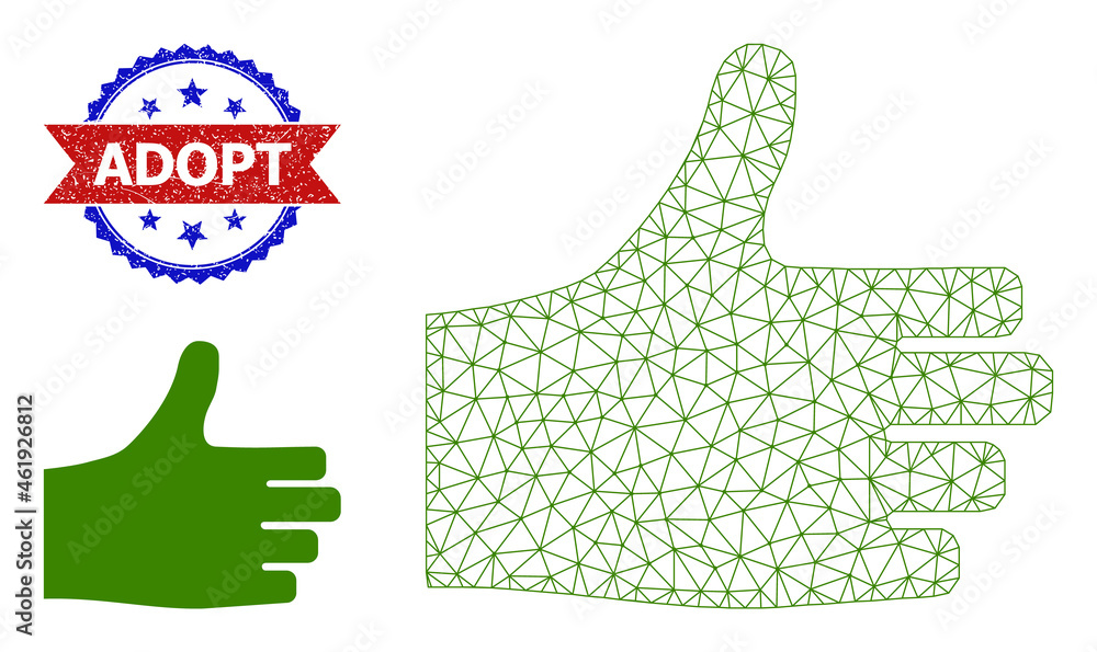 Poster net thumb up wireframe illustration, and bicolor textured adopt seal stamp. mesh wireframe symbol de