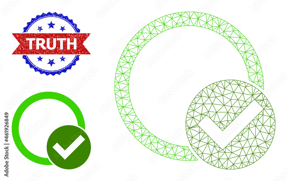 Poster mesh validation circle model icon, and bicolor textured truth seal stamp. polygonal carcass image de