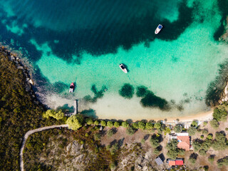 Breathtaking drone photo of the bay of Vourvourou, in Northern Greecem Halkidiki 