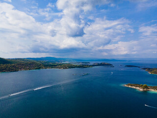 Breathtaking drone photo of the bay of Vourvourou, in Northern Greecem Halkidiki 