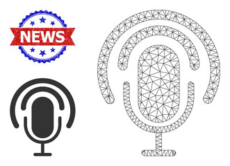 Polygonal podcast wireframe illustration, and bicolor rubber News seal. Polygonal carcass illustration is designed with podcast icon. Vector imprint with News tag inside red ribbon and blue rosette,