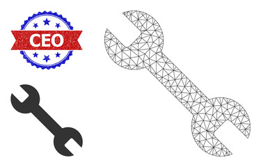 Net spanner wireframe icon, and bicolor unclean Ceo seal stamp. Mesh carcass symbol is designed with spanner icon. Vector seal with Ceo tag inside red ribbon and blue rosette,