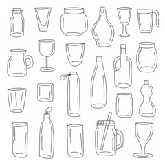 Bottles doodle icon set. Glass Pot Vector illustration collection. Jars Hand drawn Line art style.