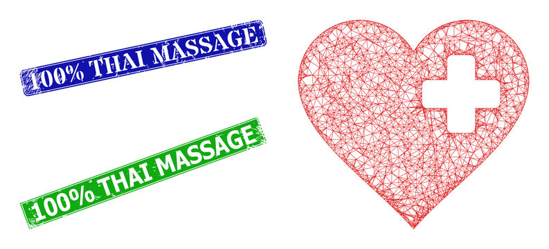 Triangular heart medicine image, and 100% Thai Massage blue and green rectangular rubber seals. Polygonal wireframe image is created from heart medicine icon.