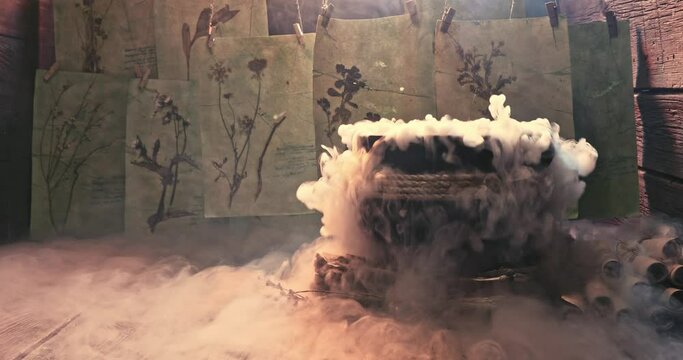 Witches cauldron with strange smoke for Halloween. Background for halloween.