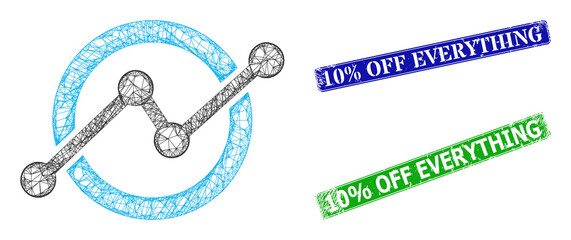 Network stock chart image, and 10% Off Everything blue and green rectangle textured stamps. Polygonal carcass image designed with stock chart pictogram.