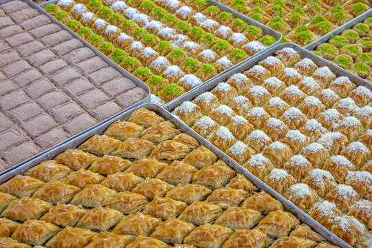 Mixed tray baklava, turkish baklava, turkish culture Turkish Dessert Baklava with concept background.