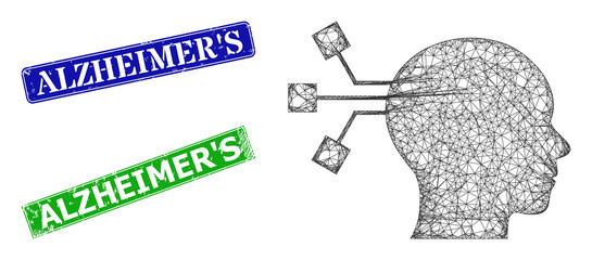 Network brain connection model, and Alzheimer'S blue and green rectangle rubber stamp seals. Polygonal carcass symbol designed with brain connection icon.