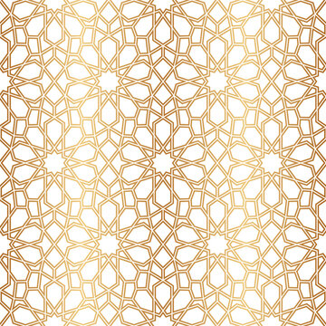 Morocco seamless pattern. Gold ottoman motif. Golden islamic background. Repeated arabic star patern. Repeating traditional girih printing. East texture for design prints. Turkish printed. Vector 