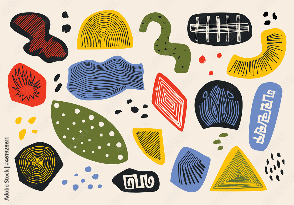 Poster a collection of hand-drawn creative elements. a set of abstract shapes and doodle objects. modern tr