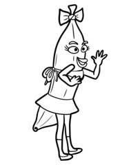 Banana girl line waving. Happy character giving a positive greeting. vector illustration.