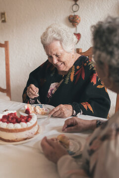Senior woman with female guest celebrating birthday