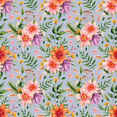 Pattern with flowers in watercolor