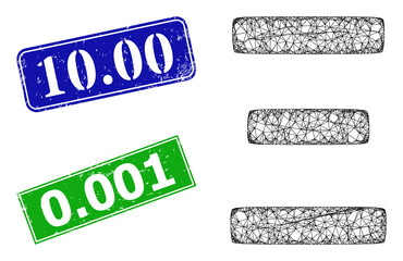 Triangular Xi Greek symbol image, and 10.00 blue and green rectangle grunge stamps. Polygonal carcass symbol is created from Xi Greek symbol pictogram. Stamps contain 10.