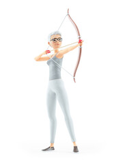3d senior woman aiming with bow and arrow