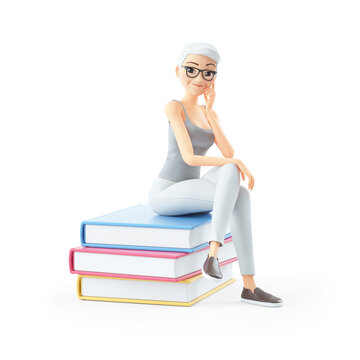 3d senior woman sitting on books