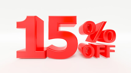 15% off 3d text on white background - 3d rendering, 3d illustration  