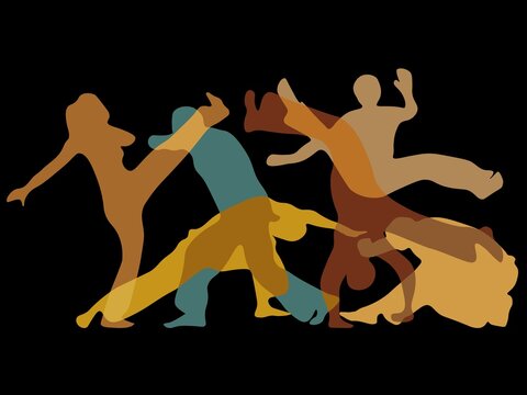 Group of people training capoeira movements with black background and isolated silhouettes. Vector illustration for web, event, flyer, template design.