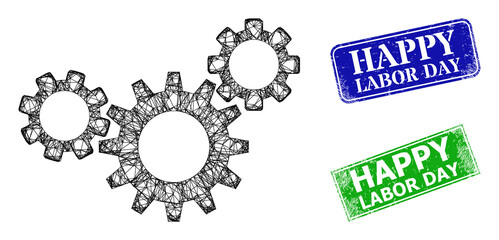 Network gear mechanism model, and Happy Labor Day blue and green rectangular unclean seals. Mesh carcass illustration designed with gear mechanism icon.