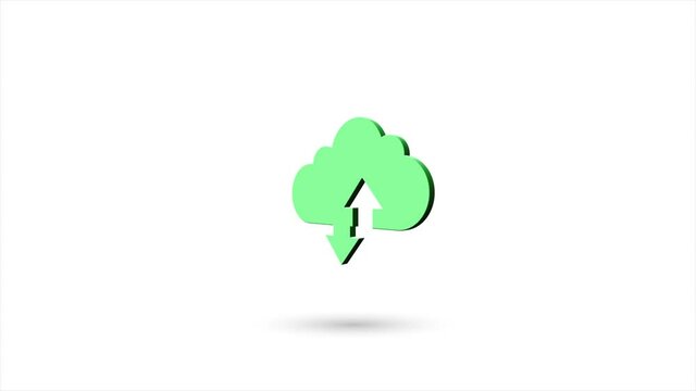 3d animated flat cloud download and upload icon with shadow isolated on white background. Rotating cloud download and upload icon. 4K video motion graphic animation.