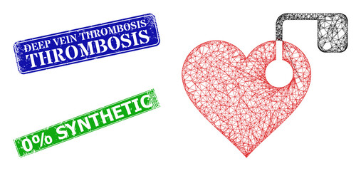 Polygonal heart pacemaker model, and Deep Vein Thrombosis blue and green rectangle textured seals. Polygonal carcass image is created from heart pacemaker icon.