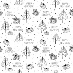 Vector seamless New Year pattern with New Year trees and boxes with gifts. New Year's black and white doodle drawing. Ornament for wrapping paper and print for printing