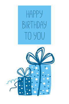 Happy birthday. Greeting card with boxes of gifts and greeting inscription. Printable birthday card