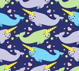 Cute narwhal pattern seamless. Cartoon small Arctic whale with horn background. Baby fabric texture