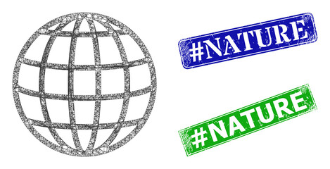 Polygonal global model, and #Nature blue and green rectangle rubber watermarks. Polygonal carcass symbol designed with global icon. Seals include #Nature caption inside rectangle shape.