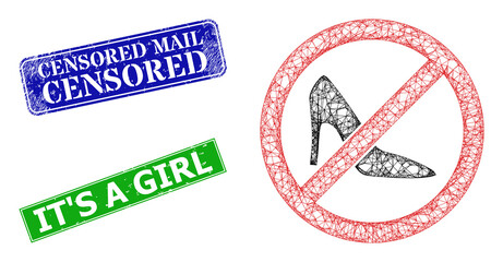 Network forbidden lady shoes image, and Censored Mail blue and green rectangular textured stamp seals. Polygonal wireframe image is based on forbidden lady shoes icon.