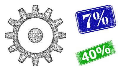 Net gear wheel model, and 7% blue and green rectangle rubber stamp seals. Polygonal carcass symbol is designed with gear wheel icon. Stamp seals include 7% caption inside rectangle shape.