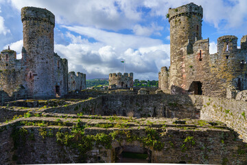 Fototapeta na wymiar view across the top of the inside courtyard of the well preserved 13th century medieval Conwy castle, an imposing fortress in North Wales