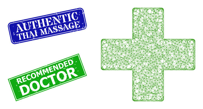 Mesh pharmacy cross image, and Authentic Thai Massage blue and green rectangular textured stamp seals. Mesh carcass illustration based on pharmacy cross pictogram.