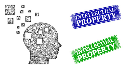 Mesh memory compilation model, and Intellectual Property blue and green rectangular textured stamps. Mesh carcass illustration is based on memory compilation pictogram.