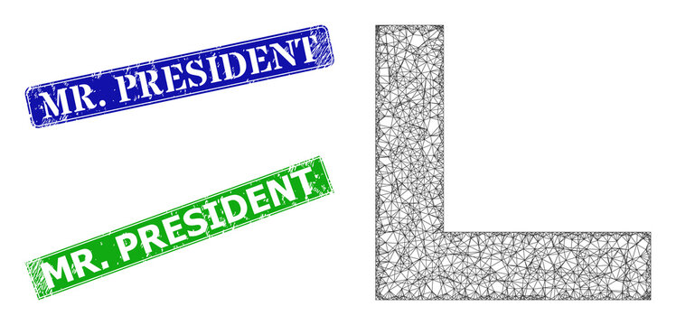 Net corner image, and Mr. President blue and green rectangle scratched watermarks. Polygonal wireframe image is created from corner icon. Stamp seals contain Mr. President text inside rectangle frame.