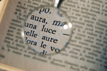 words from a book written in Italian enlarged by a magnifying glass