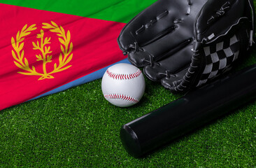 Baseball bat, glove and ball near Eritrea flag on green grass background