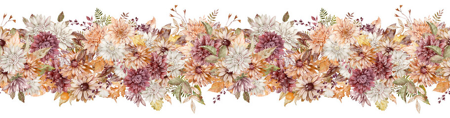 Watercolor fall flowers border. Autumn floral header. Beautiful seamless border. Crimson, white and orange asters pattern. - obrazy, fototapety, plakaty