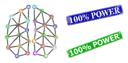 Triangular neural network image, and 100% Power blue and green rectangular corroded stamp seals. Polygonal wireframe symbol is created from neural network pictogram.