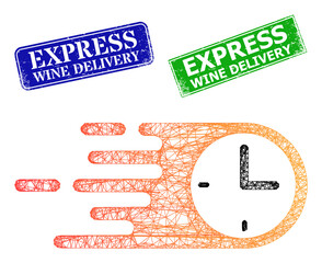 Mesh quick time image, and Express Wine Delivery blue and green rectangular corroded stamp seals. Mesh carcass illustration is based on quick time pictogram.